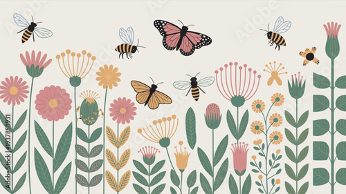 A colorful illustration of butterflies and bees flying around a vibrant garden filled with flowers