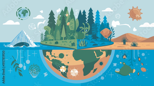 An illustration of the Earth showcasing diverse ecosystems and environments on land and in water