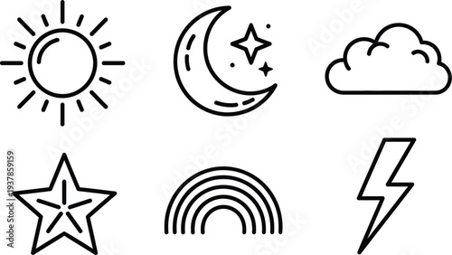 Weather symbols for sun moon cloud star rainbow and lightning