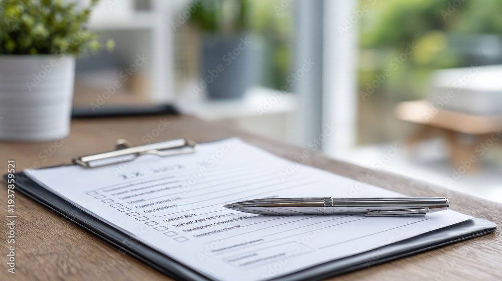Obraz premium Checklist on clipboard with pen, ready for tasks and planning on a wooden desk