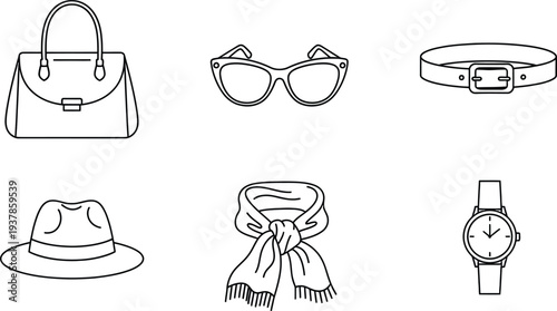 A collection of fashion accessories including a handbag sunglasses and jewelry