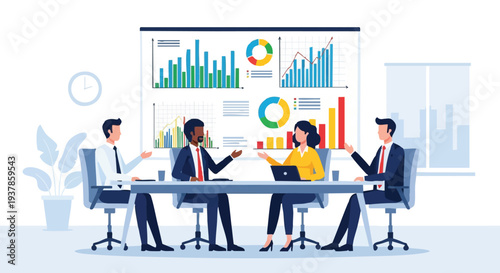 Business team discussing financial data and charts.