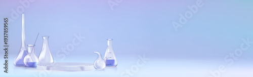 Science lab bottles and round glass platform on blue. Vector realistic illustration of chemical or cosmetic laboratory presentation, science equipment, tube, beaker, flask with liquid substance