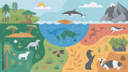 An illustration depicting various ecosystems and habitats of different animals on Earth with diverse landscapes and climates.