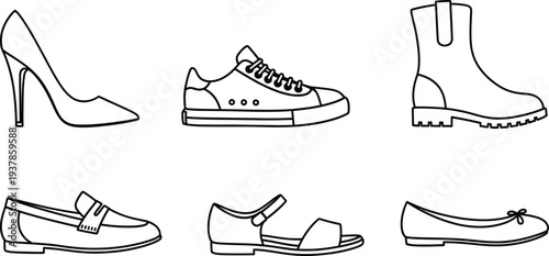 A collection of six different types of shoes including heels sneakers and boots