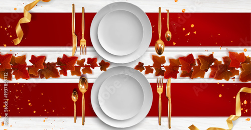 Thanksgiving dinner table setting top view, realistic vector background. White wooden table, red tablecloth, plate and golden cutlery. Holiday decorations with autumn leaves, silk ribbon and pumpkins