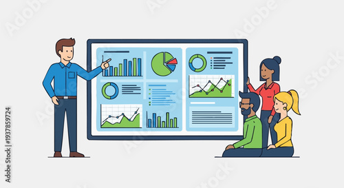 Team analyzing business data on screen statistics graphs charts.