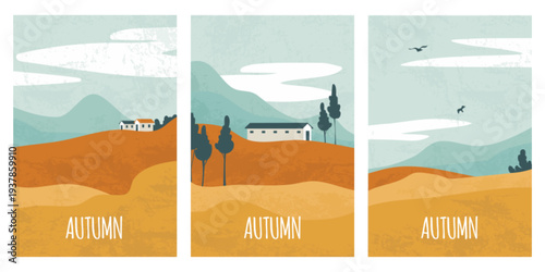 Autumn landscape with golden fields and rolling hills under blue sky with white clouds and flying birds. Fall countryside scene with harvested wheat meadows, distant mountains and farm home buildings