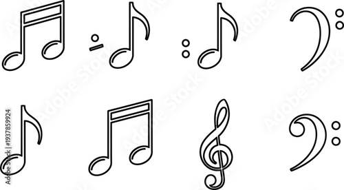 A collection of eight musical notes and rests in various clefs and positions