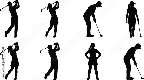 Golf player silhouette set showing men and women swinging club and putting ball, black and white sport illustration collection isolated on white background