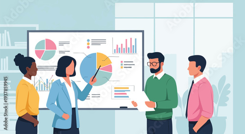 Team analyzing data with pie chart and graphs.
