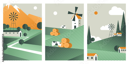 Summer landscape with green fields, rolling hills and cows, abstract cards. Seasonal countryside scene with yellow straw bales. Geometric posters with mountains, windmill building and farm animals