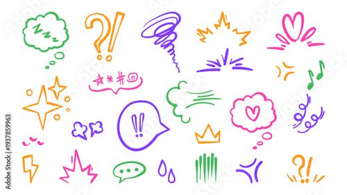 Comic emphasis signs set isolated on white background. Vector cartoon illustration of color speech clouds, exclamation symbol, stars, doodle crown, spirals and heart, anime sounds or emotion elements