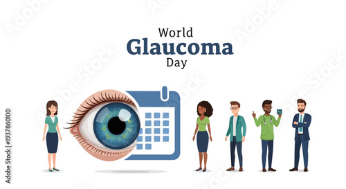 People raising awareness on World Glaucoma Day for eye health and vision care with a focus on glaucoma prevention and optic nerve damage.