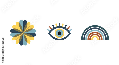 Colorful abstract symbols including flower, eye, and rainbow shapes.