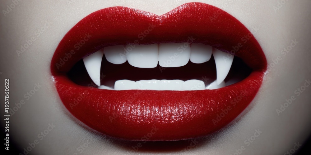 Obraz premium Close up of red lips with sharp white vampire fangs showing