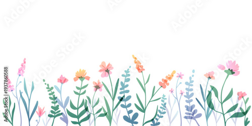 Watercolor wildflowers border isolated on white background. Vector realistic illustration of beautiful summer field flowers design, spring garden, birthday card decoration, botanical poster element