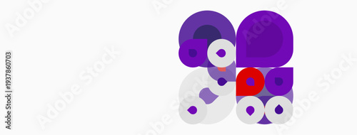 Abstract composition featuring overlapping circles. Purple, red, white hues create dynamic visual interest. Minimalist design, modern aesthetic.