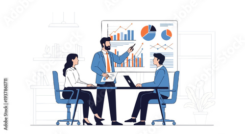 Business team discussing data analysis in meeting.