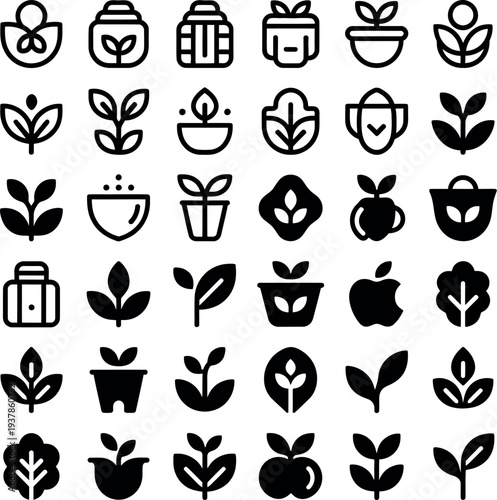 Collection of plant and fruit icons in various pots and containers