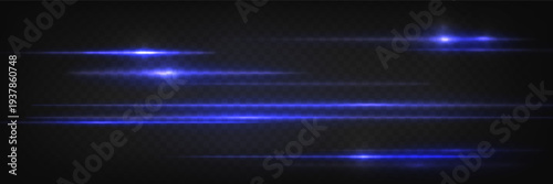 Bright blue laser beam streaks isolated on dark background. Glowing neon light effect, dynamic horizontal trail and abstract digital energy flare. Speed streak of energy, overlay set