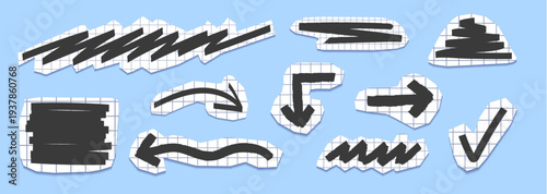 Papercut arrow stickers for scrapbook collage, realistic vector set isolated on background. Grunge cutout collection with doodle elements, fancy black arrows, vintage square box paper texture