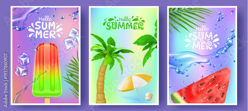 Summer poster design with tropical beach design, watermelon slice, green palm leaves. Vector backgrounds with sunny vacation vibes. Holiday banners or travel cards with rainbow popsicle, water splash