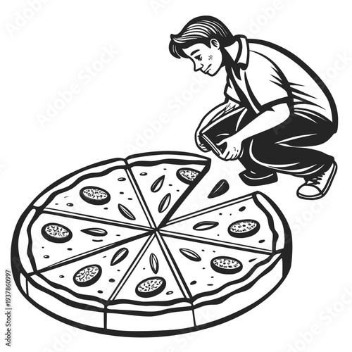 Vector illustration of Man eating giant pepperoni pizza slice illustration in hand drawn line art style for food concept