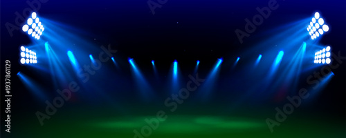 Bright stadium soccer field with blue lights on dark night sky background and stars, realistic vector bg. Illuminated sport arena, dramatic atmosphere banner with powerful beams for football games