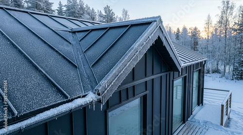 Frost covered modern dark metal house exterior with standing seam roof panels in winter forest