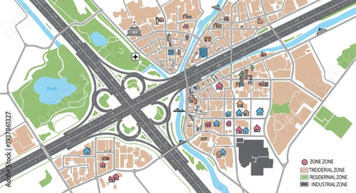 City Map with Roads and Landmarks.