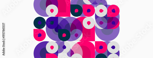 Abstract circles overlap, creating vibrant patterns. Purple, pink, white, blue hues dominate composition. Modern design element.