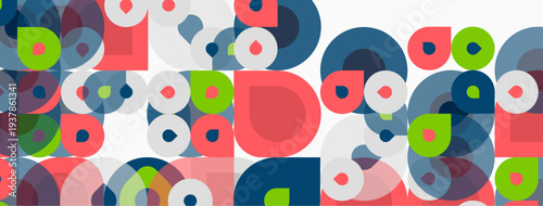 Colorful circles overlap creating abstract pattern. Various sizes, hues present. Simple geometric design, modern aesthetic.