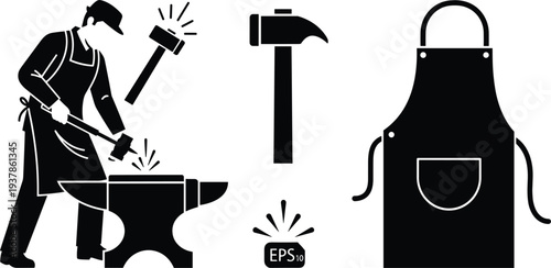 Blacksmith Work Illustration Set Featuring Craftsman Forging Metal on Anvil, Hammer, and Protective Apron Silhouette Icons