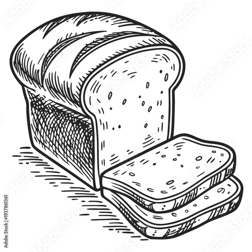 Vector illustration of Freshly baked loaf of bread with slices illustration in hand drawn sketchy outline for bakery shop menu