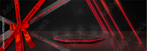 Black Friday sale podium with 3D stage design black tape and red silk ribbon with bow, realistic vector background. Modern discount banner template, dark platform display with red accents