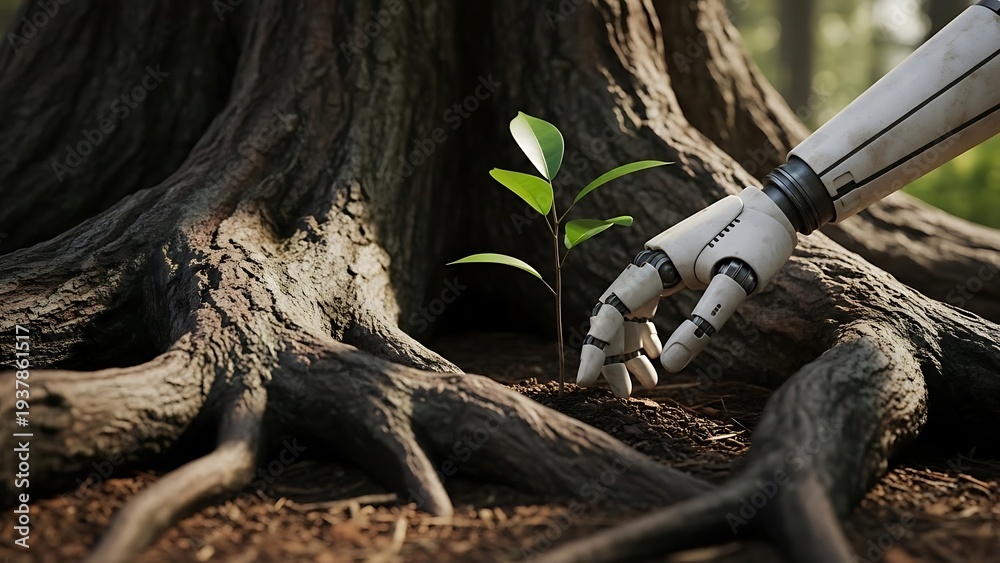 Obraz premium Robot Hand Touching Tree Roots.