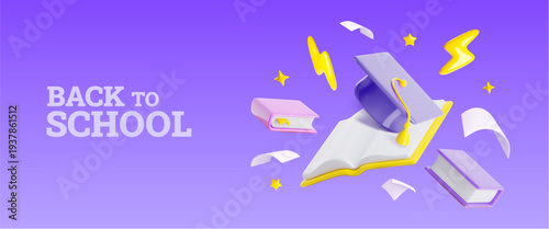 3D back to school banner with open book, graduation cap, lightning icons, flying in air paper notes, comic vector background. Glossy plastic style poster for greeting college events, student ceremony