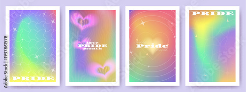 Pride rainbow colors posters, vector illustrations. Card with iridescent gradient background, abstract wireframe pattern and blured heart shapes. LGBTQ month templates for happy inclusive design
