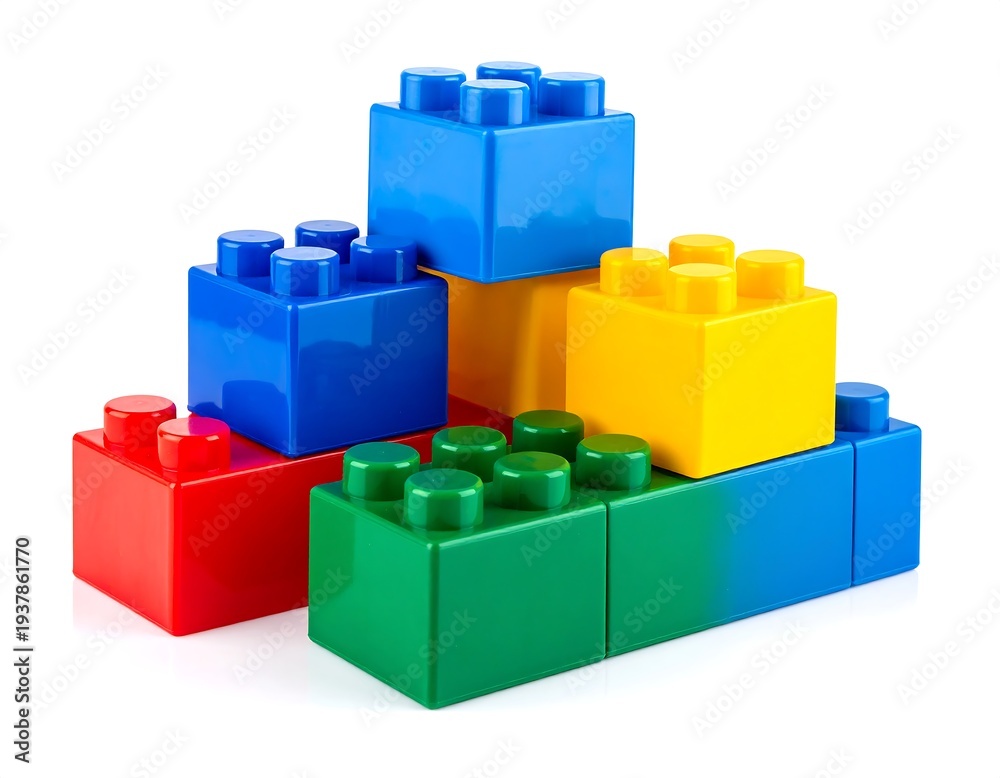 Obraz premium Stack of brightly colored plastic blocks in red, blue, green, and yellow against a white background