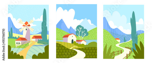 Spring mountain countryside landscapes, abstract vector posters. Rolling green hills or fields, windmill and barn under blue sky with clouds. Summer cards design with trees, road and geometric pattern