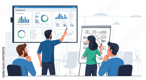 Team discussing business data on interactive display.