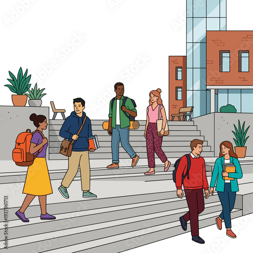 Diverse group of college students with backpacks and books walking on campus stairs near modern university building, concept of higher education and multicultural friendship