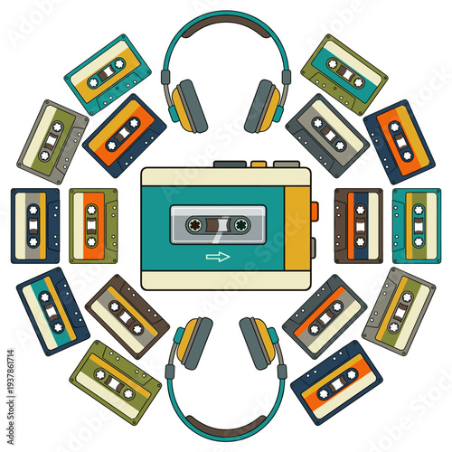 Retro cassette player with magnetic tapes and headphones arranged around on white background, nostalgic 80s 90s music technology concept