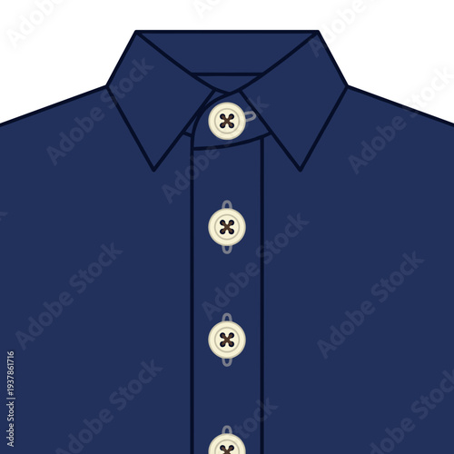 Close up of navy blue school uniform shirt with beige buttons and collar isolated on white background, concept of education dress code and discipline