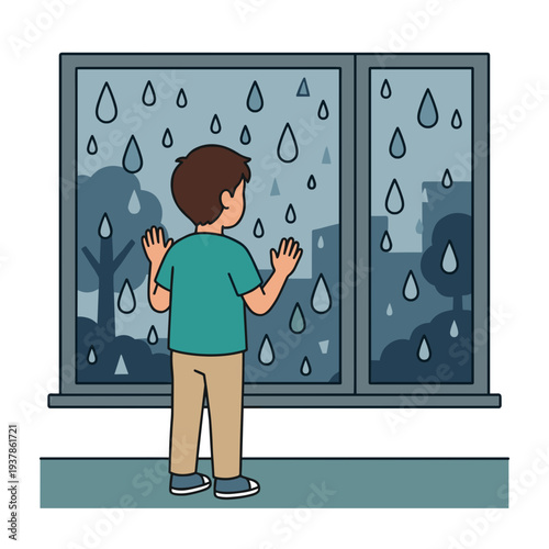Thoughtful caucasian boy standing by large window watching raindrops and city silhouettes on gloomy day, hands on glass, concept of loneliness and rainy mood