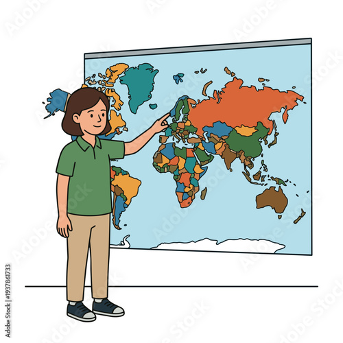 Smiling schoolgirl pointing to colorful world map on classroom wall, geography lesson scene, concept of global education and cultural awareness