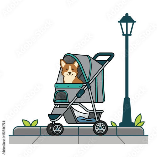 Cute corgi dog sitting in pet stroller on city sidewalk near street lamp and plants, urban walk scene, concept of pampered pet lifestyle