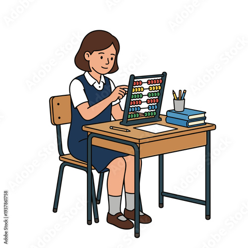 Focused schoolgirl using colorful abacus at desk with books and pencils during math lesson, concept of traditional calculation and primary education