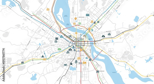 City Map with Roads and Rivers.